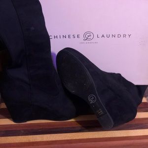 Over the knee, black, micro suede wedge by Chinese laundry. Never worn. Size 7.5